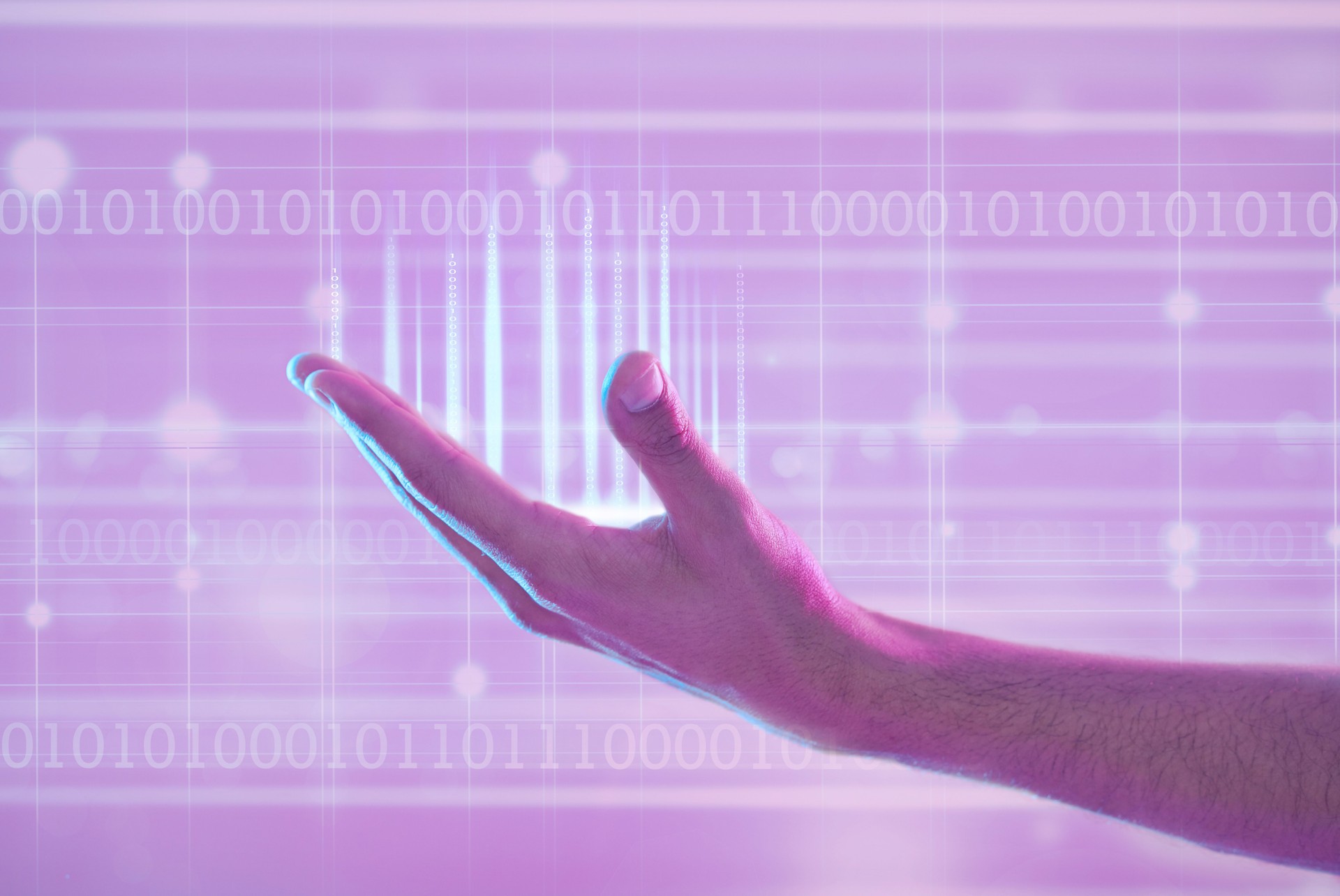 3d futuristic, hand and man with binary numbers in metaverse cyber world. Augmented reality, digital transformation and male with data, computing hologram or ux, coding or programmer software in palm