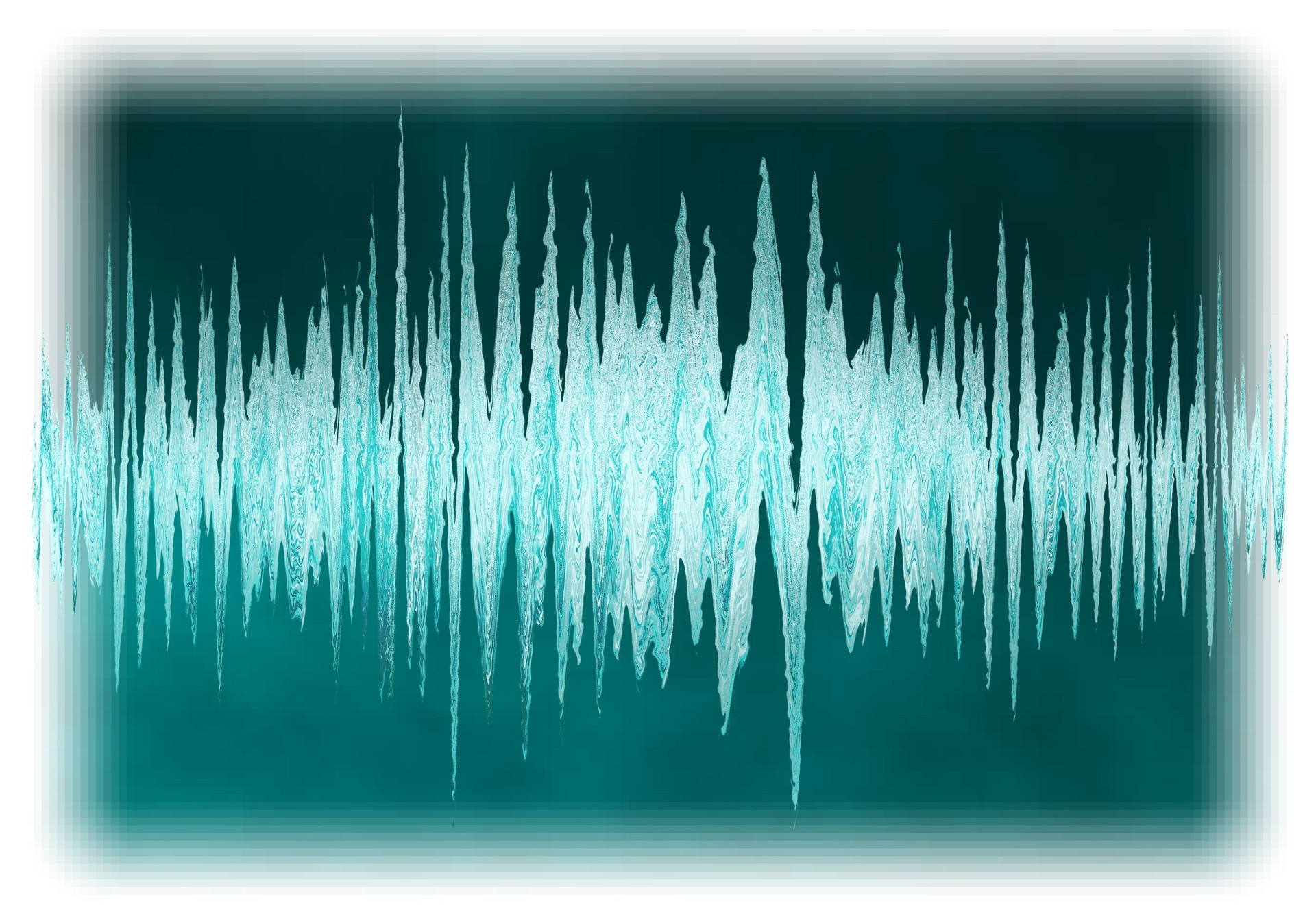 Marbled waveform swaying violently up and down on a vibrating monitor background (Dark blue-green color, retouched and color-processed material)